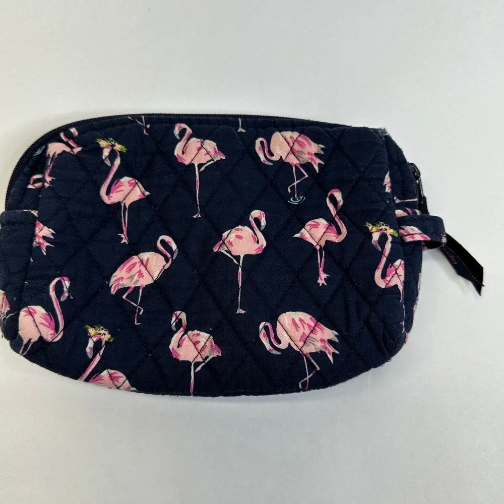 Vera Bradley Navy Pink Flamingo Quilted Cotton Zipper Cosmetic Makeup Bag Pouch
